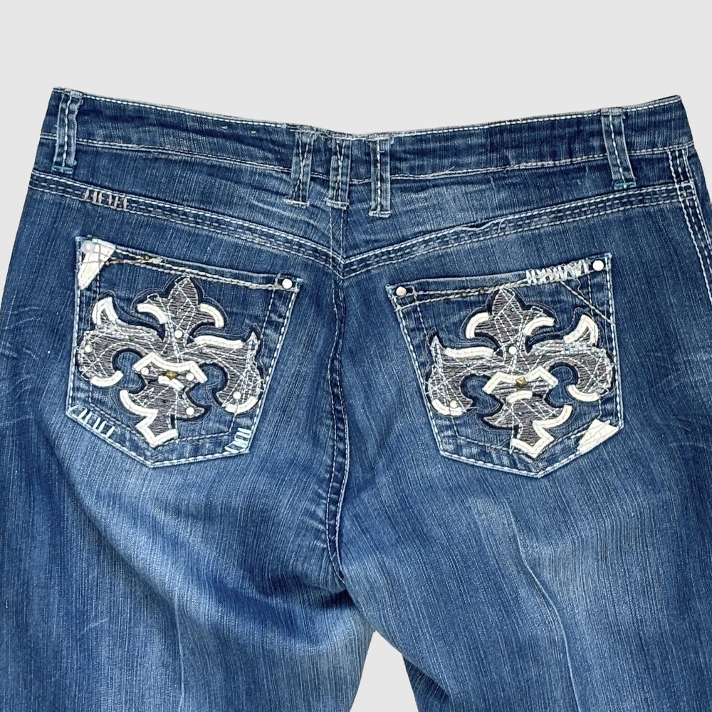 Y2K Low Rise Fleur De Lis Embellished Straight Leg Jeans Women 14 Medium Wash‎